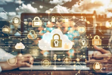 Digital lock on holographic cloud represents advanced data security and tech innovation