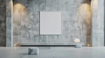 A sleek, modern art gallery with a blank white frame mockup set against a minimalist concrete wall, surrounded by soft, ambient lighting