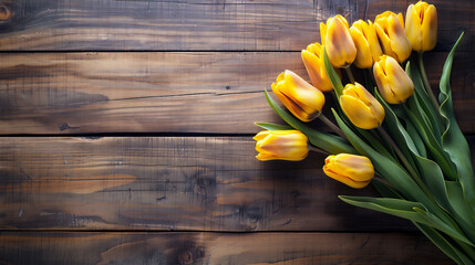 Yellow Tulip flowers on wood table with copy space, Summer time illustration. 