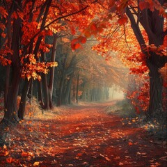 Fototapeta premium A path passing through a forest grove. A haze in the forest on a hill. The spring period in the forest. The atmosphere of the spring forest and cloudy weather.
