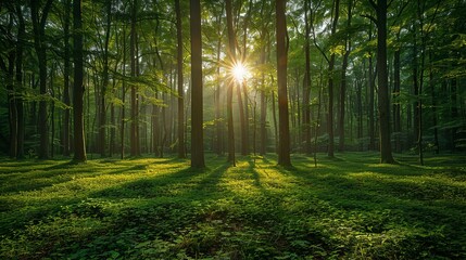 Obraz premium Environmental conservation concept, A lush green forest with sunlight filtering through the trees, highlighting the importance of preserving natural habitats for biodiversity. Realistic Photo,