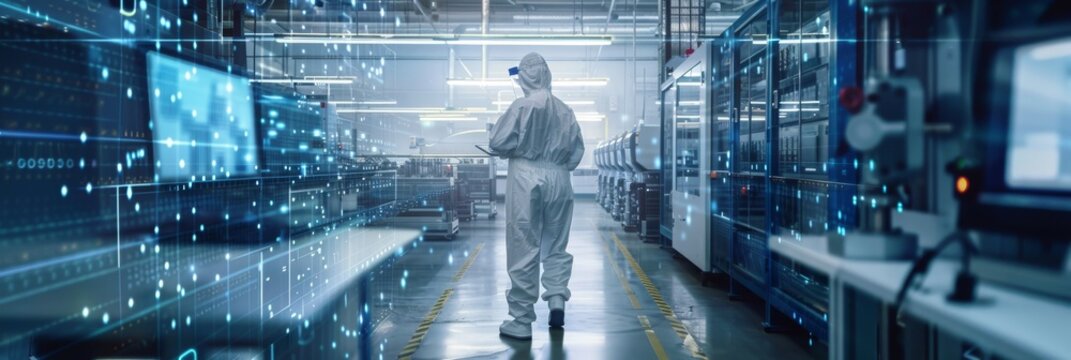 Biological Scientist in Sterile Coveralls Examining Industrial CNC Machine Settings and Configuring Production Functions in Heavy Industry Manufacturing Factory.