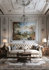 Luxury Living Room Interior Design with Elegant Sofa and Chandelier