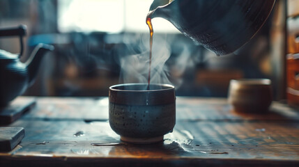 Pouring hot coffee into a ceramic mug - Powered by Adobe