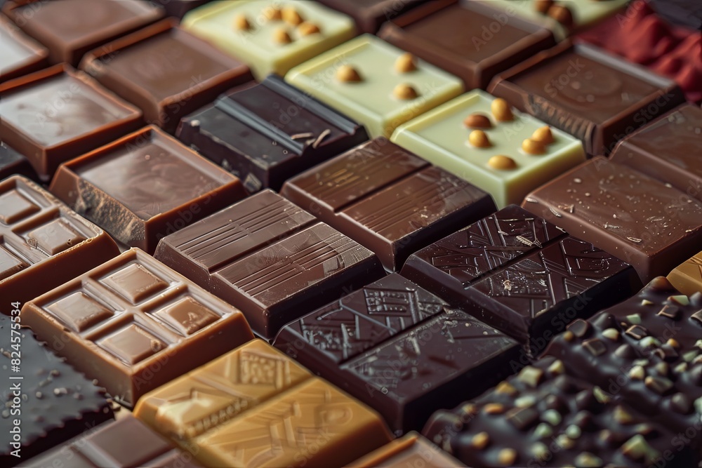 Aufkleber A variety of chocolate bars in different flavors and types neatly arranged on a table. Generative AI