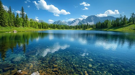 Environmental conservation concept, A picturesque lake surrounded by untouched nature, signifying the importance of preserving natural water bodies. Realistic Photo,