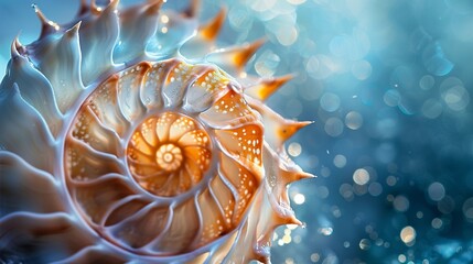 Macro photograph of a spiral shell with fine details, against a luxurious blue and gold gradient background, perfect for marine art