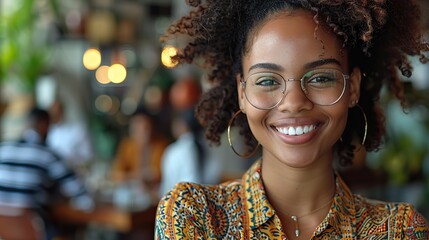 beautiful young grinning professional black woman in office with eyeglasses folded arms and confident expression as other workers hold a meeting in background.illustration