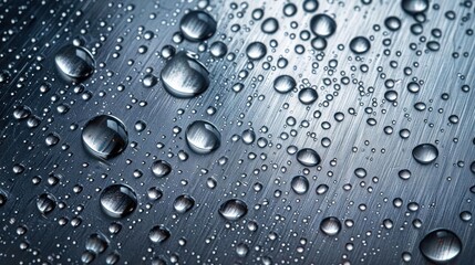 Close-up of water droplets on a metal surface.