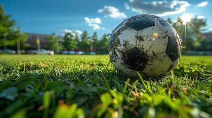 Close-up of a soccer ball on a grass field with a sunlit background, evoking the essence of outdoor sports, fun, and active lifestyle.