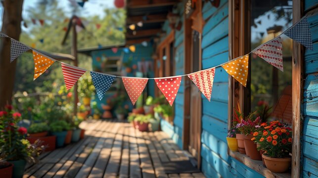 Charming wooden deck decorated with colorful bunting and flower pots, creating a festive and inviting outdoor space.