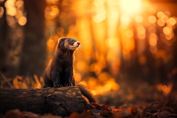 Close-up portrait of a ferret in a European woodland habitat. Blurred background, soft sunlight. Horizontal. Space for copy. 