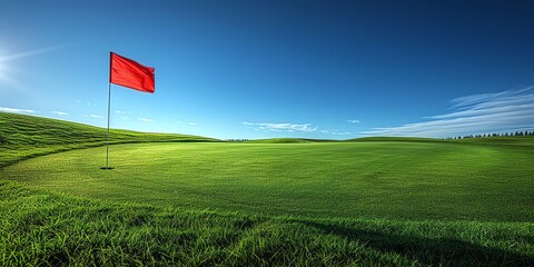 Scenic view of a vibrant green golf course with a red flag on a sunny blue sky day, perfect for outdoor sports and relaxation.