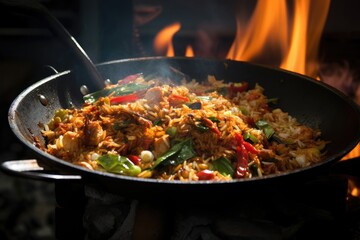 Indonesian nasi goreng sizzling in a hot wok.