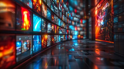Obraz premium Vibrant multi-screen display showcasing diverse content in modern high-tech setting