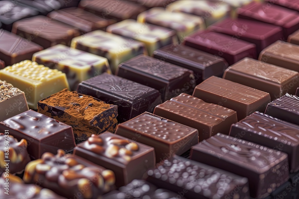 Poster close-up view of a variety of chocolate bars in different flavors and types, showcasing their rich c