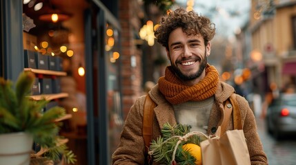 Obraz premium A young man smiles and holds a paper bag while walking down a city street. He wears a warm scarf and jacket for the cold weather. He is happy.