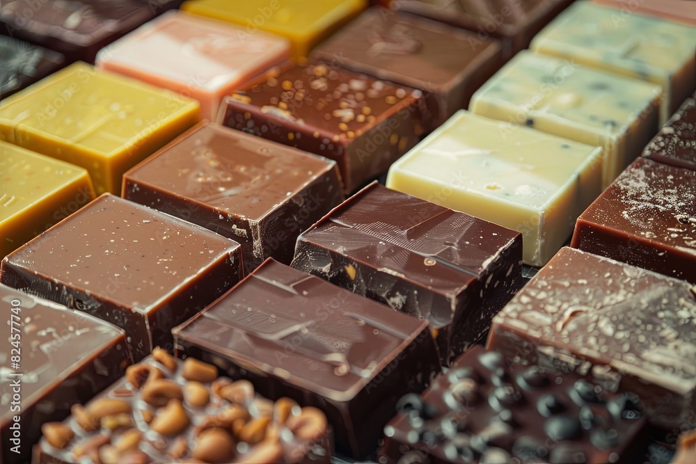 Poster Close up view of various types of chocolate bars, displaying a range of flavors and textures in rich detail. Generative AI