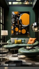 Modern Living Room with Green Leather Sofa and Geometric Art