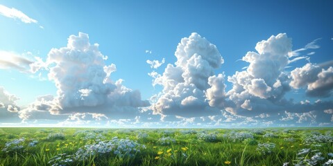 Fototapeta premium Field of flowers and blue sky with white clouds