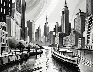 Panoramic view of city skyline, black and white brushstrokes