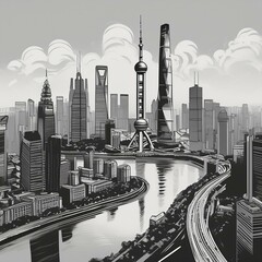 Panoramic view of city skyline, black and white brushstrokes