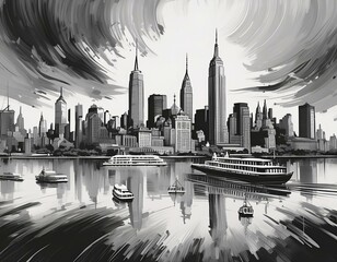 Panoramic view of city skyline, black and white brushstrokes