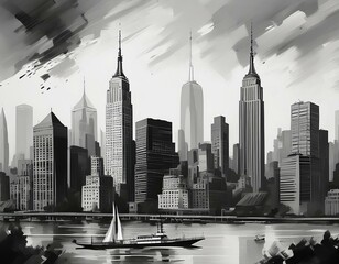 Panoramic view of city skyline, black and white brushstrokes