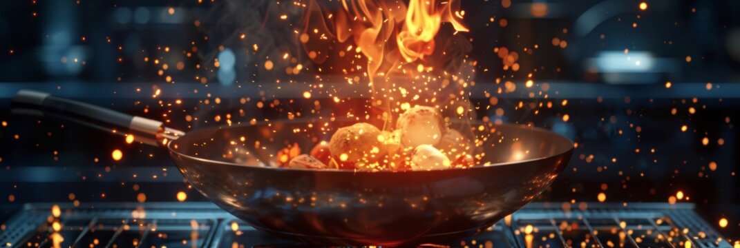 Close up and super slow motion footage of a chef stirring vegetables in an outdoor kitchen using a flaming wok and igniting hot oil and alcohol in a pan.