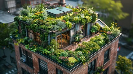 Fototapeta premium Environmental conservation concept, A rooftop garden on a city building, illustrating urban initiatives to create green spaces and combat climate change. Realistic Photo,