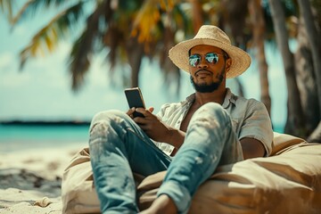 Young man on vacation on the beach, relaxing and using a smartphone.