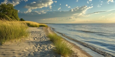 A tranquil beach scene with a stunning sunset over the sea.