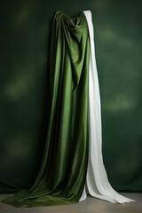 Green and white dress hanging on wall with green background.