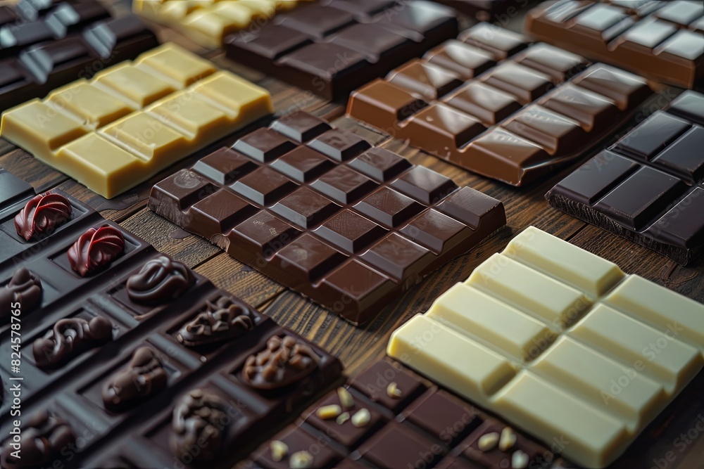 Aufkleber Various types of chocolate bars arranged neatly on a table, showcasing different flavors and types. Generative AI