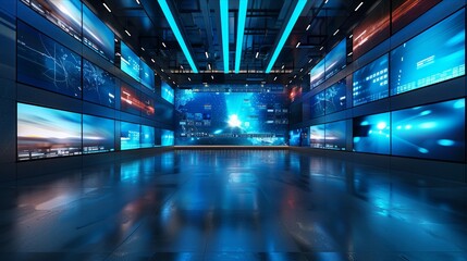 Vibrant multi-screen display showcasing diverse content in a modern high-tech setting