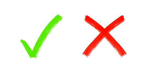 Tick icon set. Stylish check mark icon set in green and red color. Check Marks painted with a brush, isolated on transparent background. Grunge checkmarks.