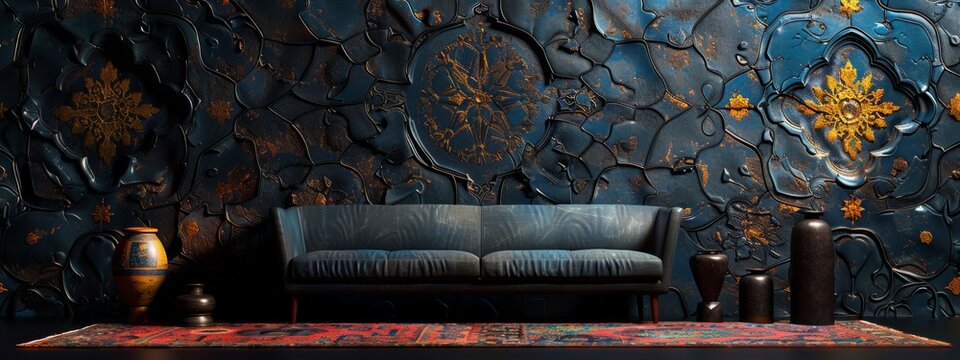 Fototapeta Cultural fusion as traditional arab patterns merge with contemporary design, creating a stunning visual representation of the past and present. blue styl