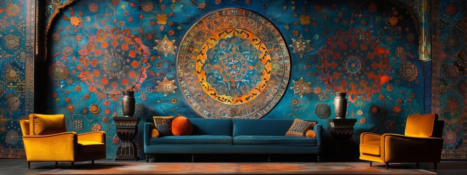 Fototapeta Cultural fusion as traditional arab patterns merge with contemporary design, creating a stunning visual representation of the past and present. blue styl