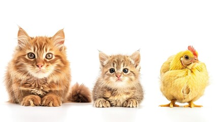Adult red cat, Ferret in full growth and Yellow chicken isolated on white background, Collage, Collection of domestic animals isolated on white background with copy space for text placement
