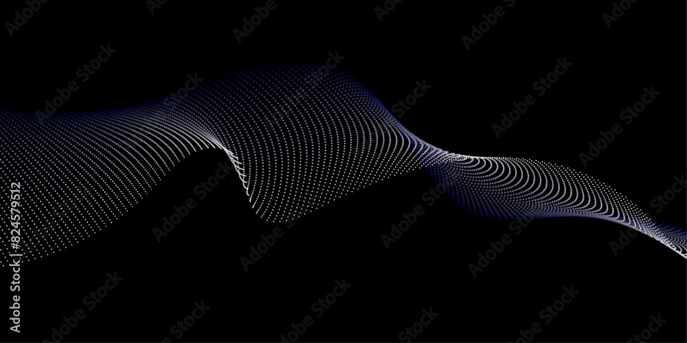 Aufkleber Flowing dots particles wave pattern in halftone colors. Abstract vector curve shape, wavy ribbon isolated on black background.
