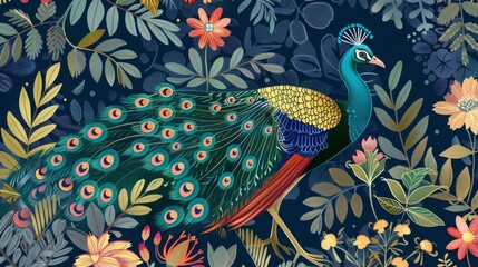 Illustration of a Mughal garden with peacock, plants, trees, and a palace