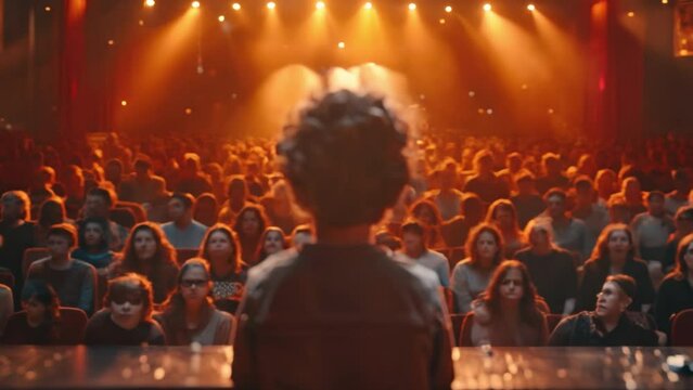 A ten year old child seen from behind on a stage while he or she is entertaining a crowd. The people in the crowd are grown ups and they are laughing a lot