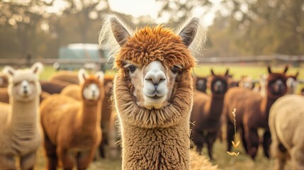 Alpaca in farm, Illustration of llamas with their flocks in the forest, wildlife, Graceful Alpaca...