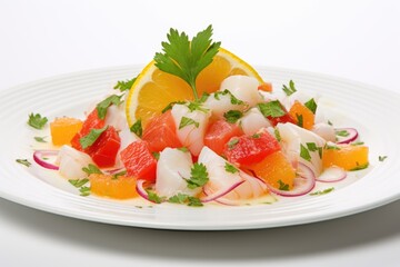Ecuadorian ceviche with a burst of citrus flavor. White background.
