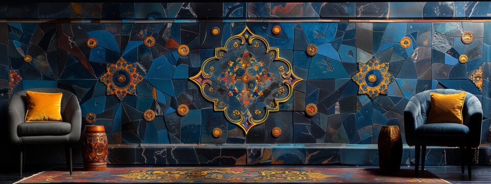 Fototapeta Cultural fusion as traditional arab patterns merge with contemporary design, creating a stunning visual representation of the past and present. blue styl
