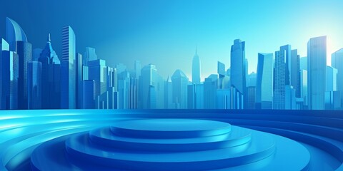 Abstract Blue Background with Cityscape Skyline and Circular Platform