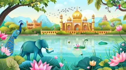 Illustration of Mughal garden lake with elephants, peacocks, palaces, lotuses, trees and birds for wedding invitations