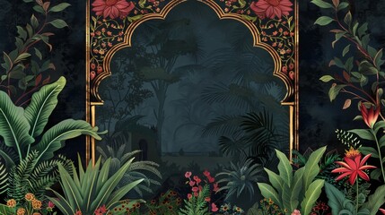 The image of a Mughal arch frame with a garden, plant, and flower is used as an invitation frame