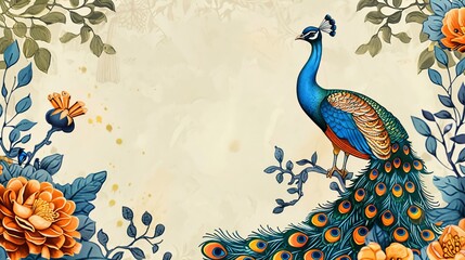 The frame for an invitation features a decorative ethnic garden motif with a peacock illustration