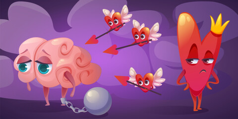 Heart and mind relations and connect concept. Cartoon vector illustration of cardiac with crown and hearts with wings and arrows took brain hostage. Superiority of feelings over intelligence.